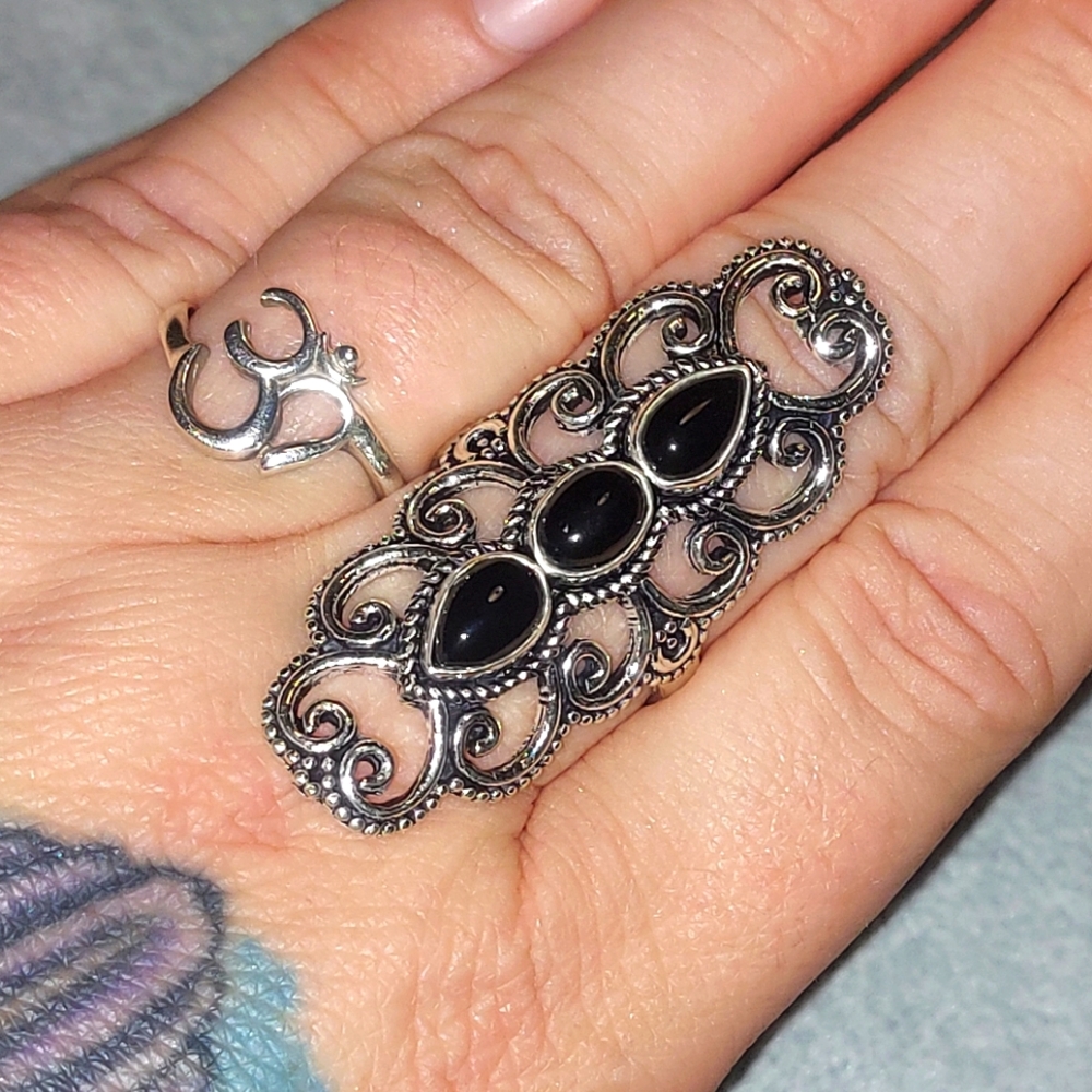 3 Stone Black Onyx Vintage Style Ring